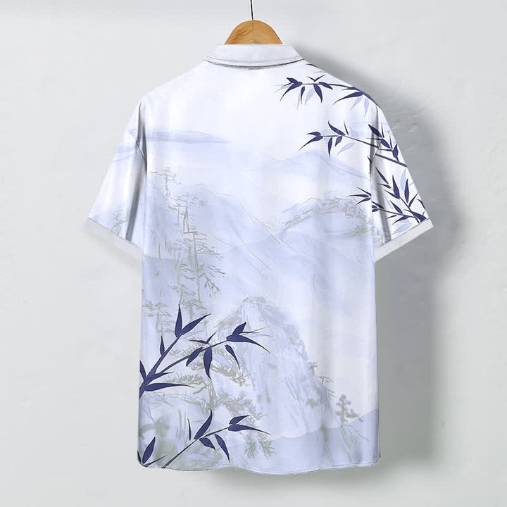 Buddha Stones Camisa transpirable de manga corta para hombre con botones y estampado de bambú y paisaje de tinta - image 4
