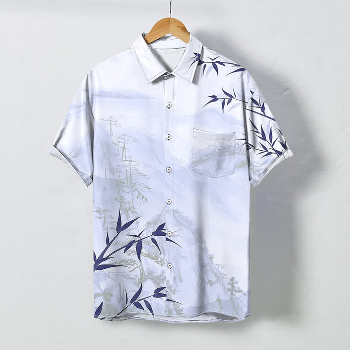 Buddha Stones Camisa transpirable de manga corta para hombre con botones y estampado de bambú y paisaje de tinta - Lavanda - US/UK/AU48, UE58 (4XL) - image 3