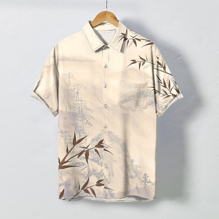 Buddha Stones Camisa transpirable de manga corta para hombre con botones y estampado de bambú y paisaje de tinta - Lino - US/UK/AU48, UE58 (4XL) - image 6