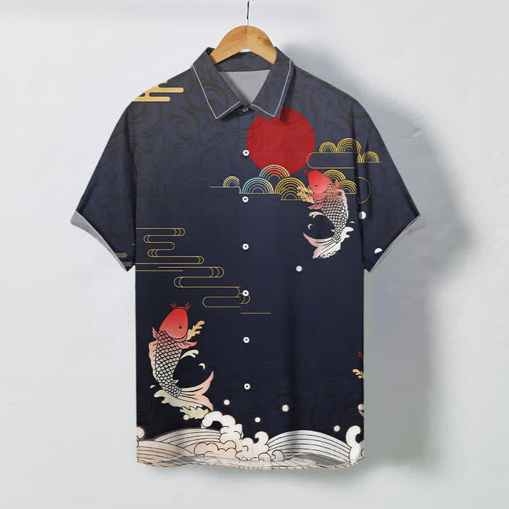 Buddha Stones Camisa transpirable de manga corta para hombre con estampado de olas de peces koi rojos y sol rojo. - Marina de guerra - US/UK/AU48, UE58 (4XL) - image 0