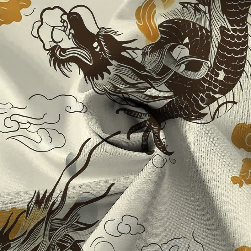Buddha Stones Camisa de manga corta para hombre con botones y estampado de nube de dragón oriental, resistente a las arrugas. - image 2