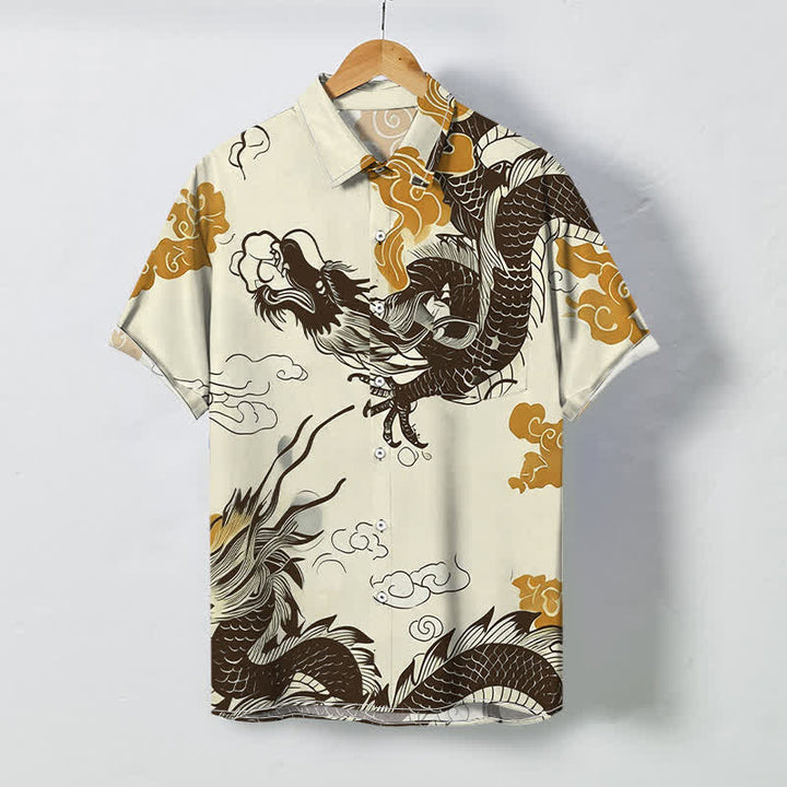 Buddha Stones Camisa de manga corta para hombre con botones y estampado de nube de dragón oriental, resistente a las arrugas. - seda de maíz - US/UK/AU48, UE58 (4XL) - image 0
