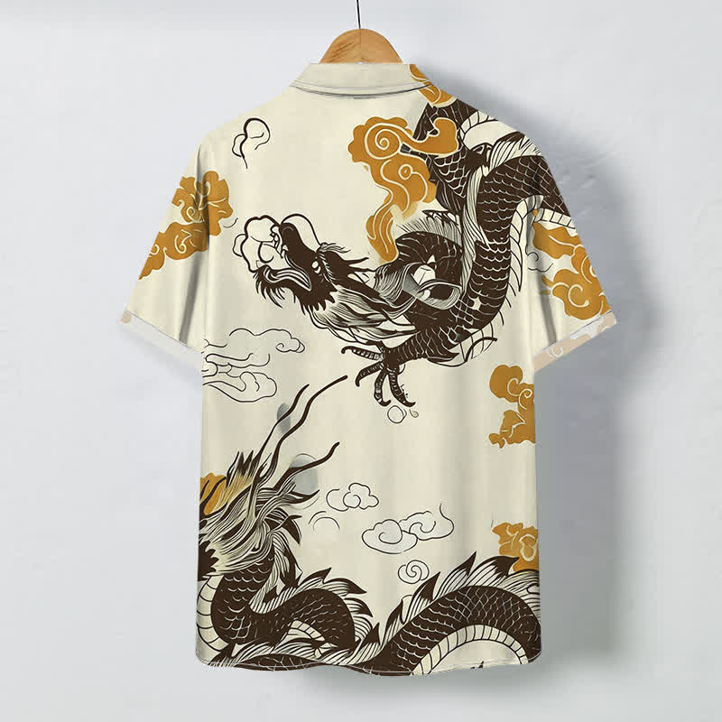 Buddha Stones Camisa de manga corta para hombre con botones y estampado de nube de dragón oriental, resistente a las arrugas. - image 1