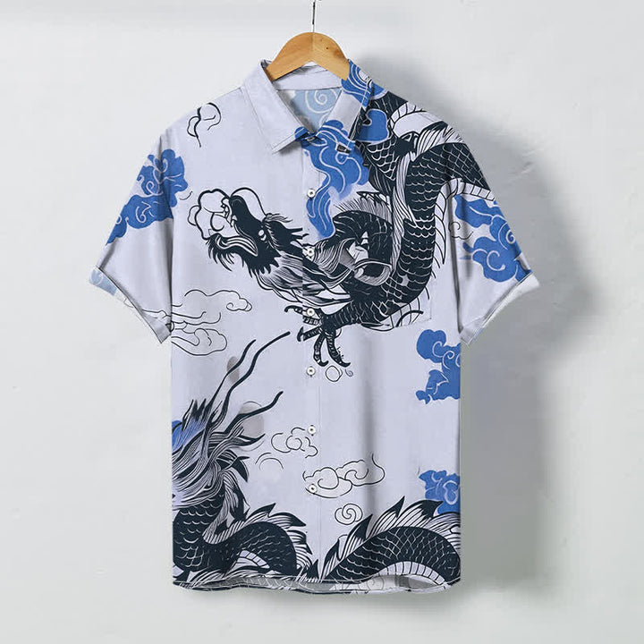 Buddha Stones Camisa de manga corta para hombre con botones y estampado de nube de dragón oriental, resistente a las arrugas. - Azul acero claro - US/UK/AU48, UE58 (4XL) - image 3