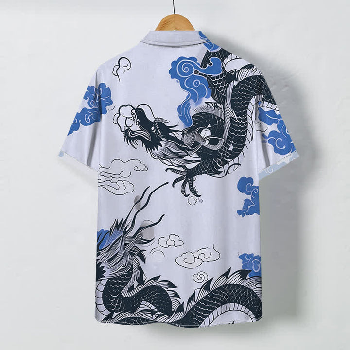 Buddha Stones Camisa de manga corta para hombre con botones y estampado de nube de dragón oriental, resistente a las arrugas. - image 4