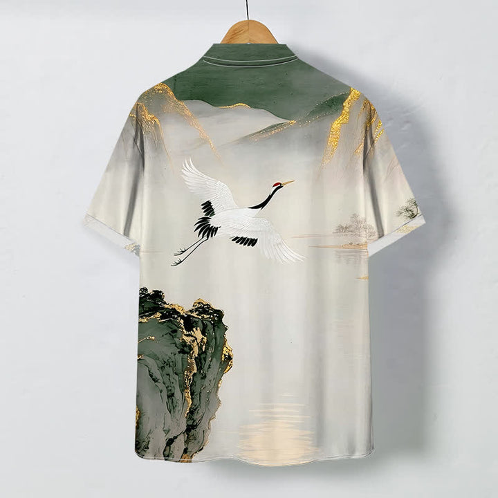 Buddha Stones Camisa de manga corta para hombre con botones y estampado de montaña y grulla de tinta, resistente a las arrugas. - image 4