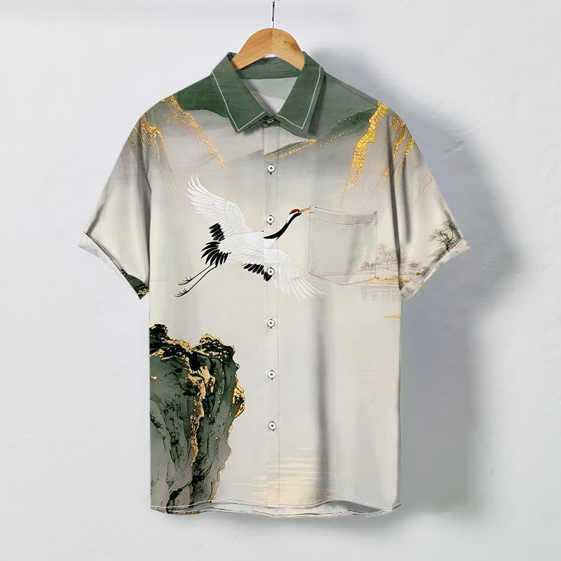 Buddha Stones Camisa de manga corta para hombre con botones y estampado de montaña y grulla de tinta, resistente a las arrugas. - Verde mar oscuro - US/UK/AU48, UE58 (4XL) - image 3
