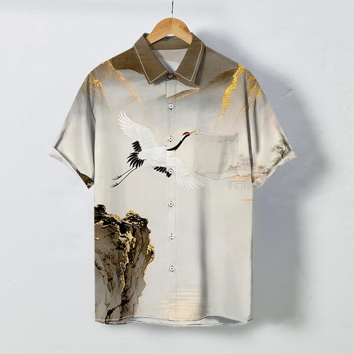 Buddha Stones Camisa de manga corta para hombre con botones y estampado de montaña y grulla de tinta, resistente a las arrugas. - Tierra de siena - US/UK/AU48, UE58 (4XL) - image 6
