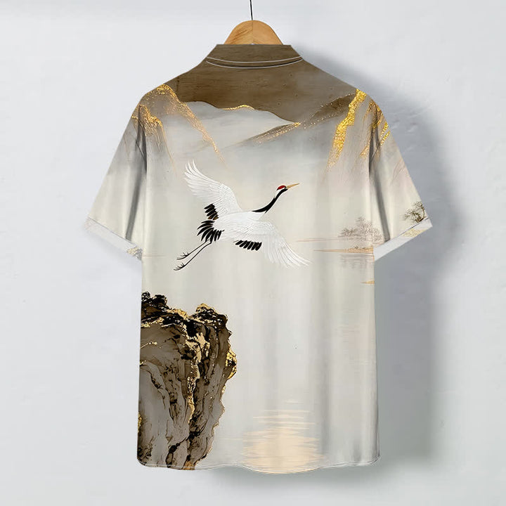 Buddha Stones Camisa de manga corta para hombre con botones y estampado de montaña y grulla de tinta, resistente a las arrugas. - image 7