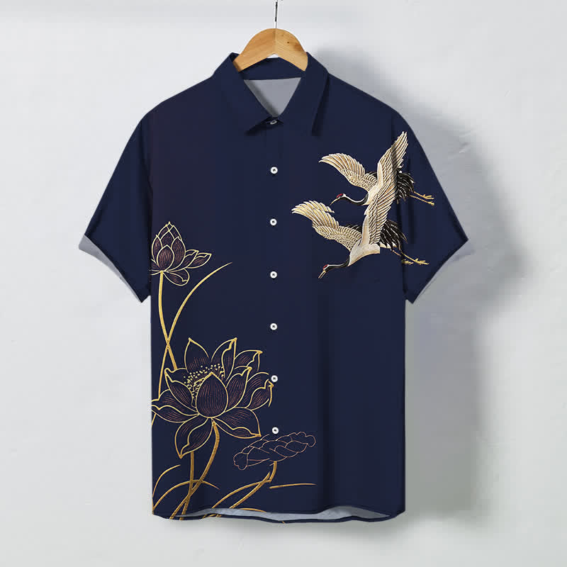 Buddha Stones Camisa transpirable de manga corta para hombre con botones y estampado de grulla y loto. - Marina de guerra - US/UK/AU48, UE58 (4XL) - image 5