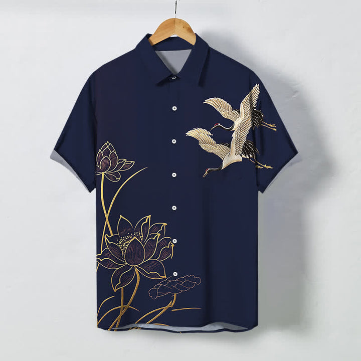 Buddha Stones Camisa transpirable de manga corta para hombre con botones y estampado de grulla y loto. - Marina de guerra - US/UK/AU48, UE58 (4XL) - image 5