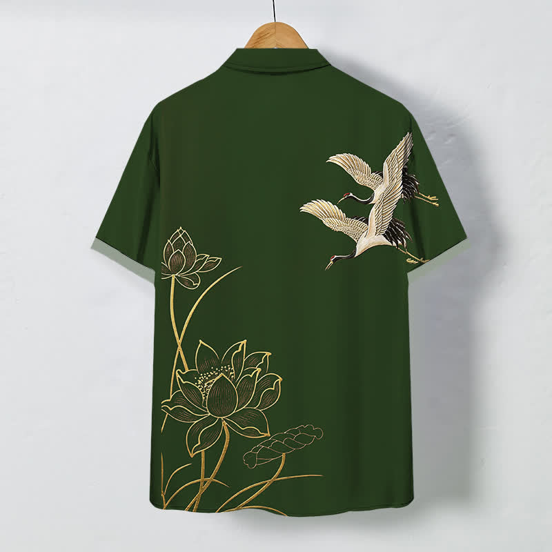 Buddha Stones Camisa transpirable de manga corta para hombre con botones y estampado de grulla y loto. - image 11