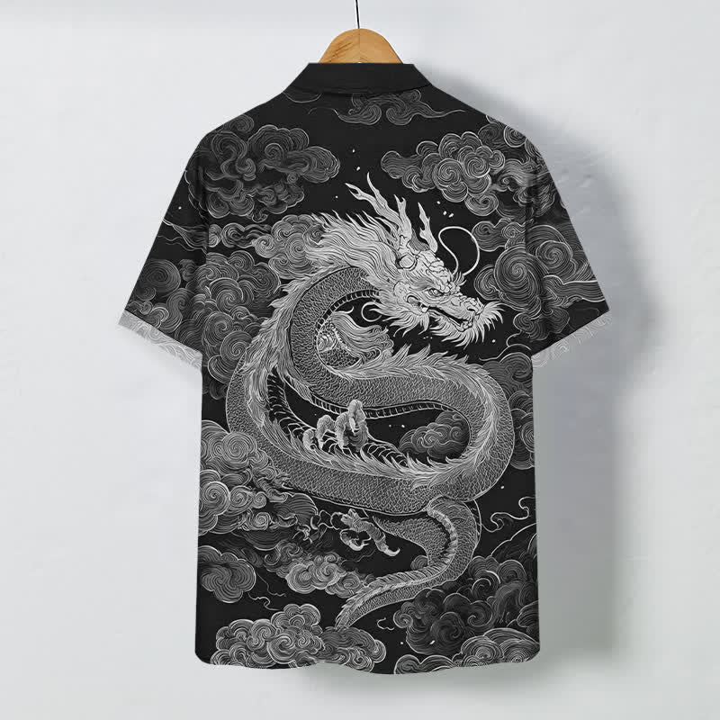 Buddha Stones Camisa de manga corta para hombre con botones y estampado de nube de dragón dorado, resistente a las arrugas. - image 6
