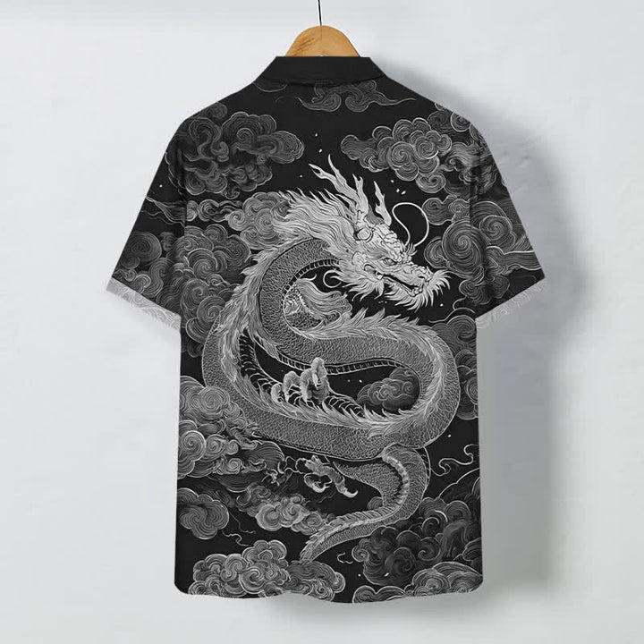 Buddha Stones Camisa de manga corta para hombre con botones y estampado de nube de dragón dorado, resistente a las arrugas. - image 6