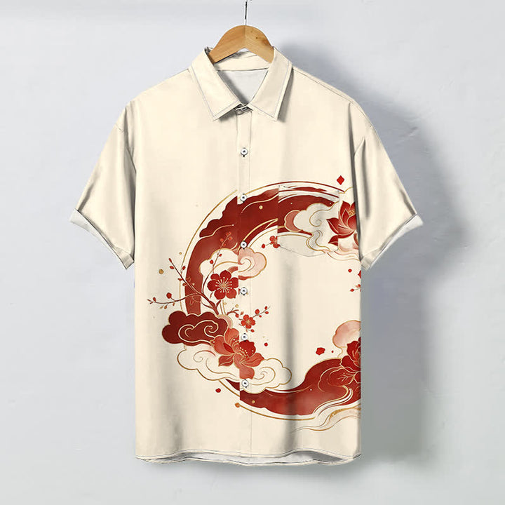 Buddha Stones Camisa de manga corta transpirable para hombre con estampado floral oriental de loto, flores de durazno y nubes. - Marfil - US/UK/AU48, UE58 (4XL) - image 0