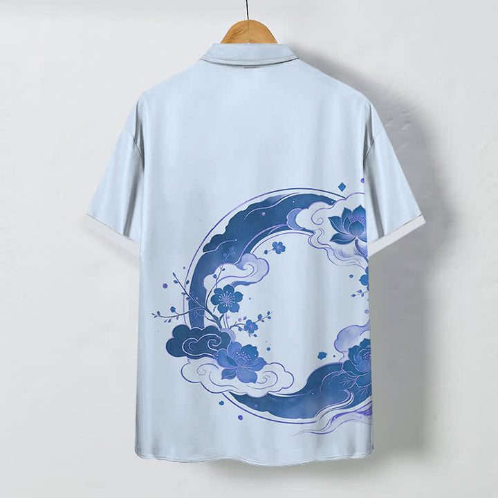 Buddha Stones Camisa de manga corta transpirable para hombre con estampado floral oriental de loto, flores de durazno y nubes. - image 4