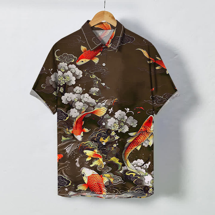Buddha Stones Camisa de manga corta para hombre con estampado floral blanco, nubes y pez koi rojo, resistente a las arrugas. - Marrón silla de montar - US/UK/AU48, UE58 (4XL) - image 6