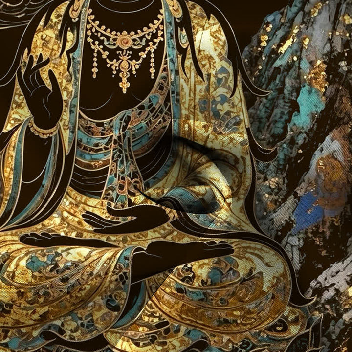 Buddha Stones Camisa de manga corta para hombre con botones y estampado de nubes y Buda dorado, resistente a las arrugas. - image 4