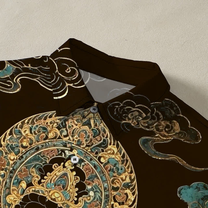 Buddha Stones Camisa de manga corta para hombre con botones y estampado de nubes y Buda dorado, resistente a las arrugas. - image 2