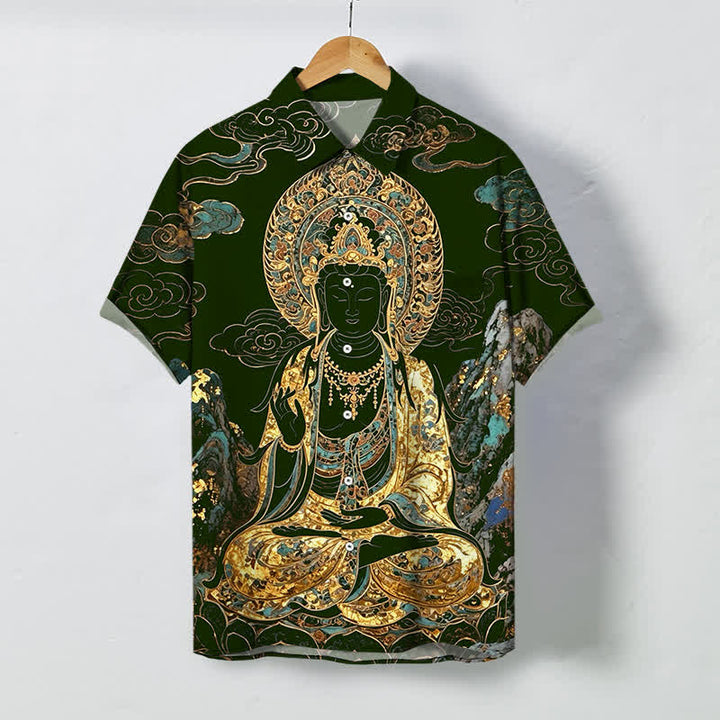 Buddha Stones Camisa de manga corta para hombre con botones y estampado de nubes y Buda dorado, resistente a las arrugas. - Verde oscuro - US/UK/AU48, UE58 (4XL) - image 5