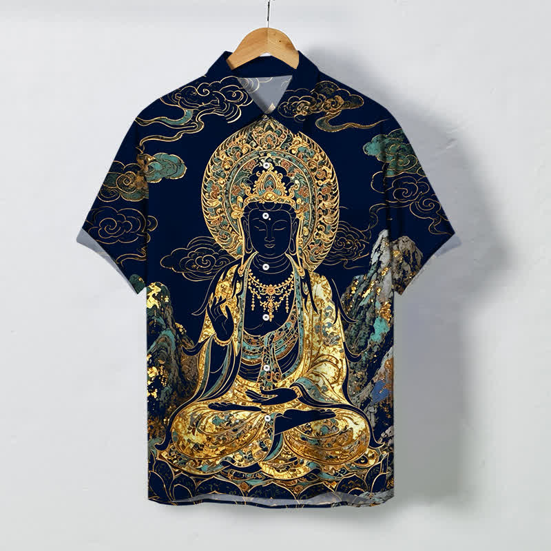 Buddha Stones Camisa de manga corta para hombre con botones y estampado de nubes y Buda dorado, resistente a las arrugas. - Azul medianoche - US/UK/AU48, UE58 (4XL) - image 10