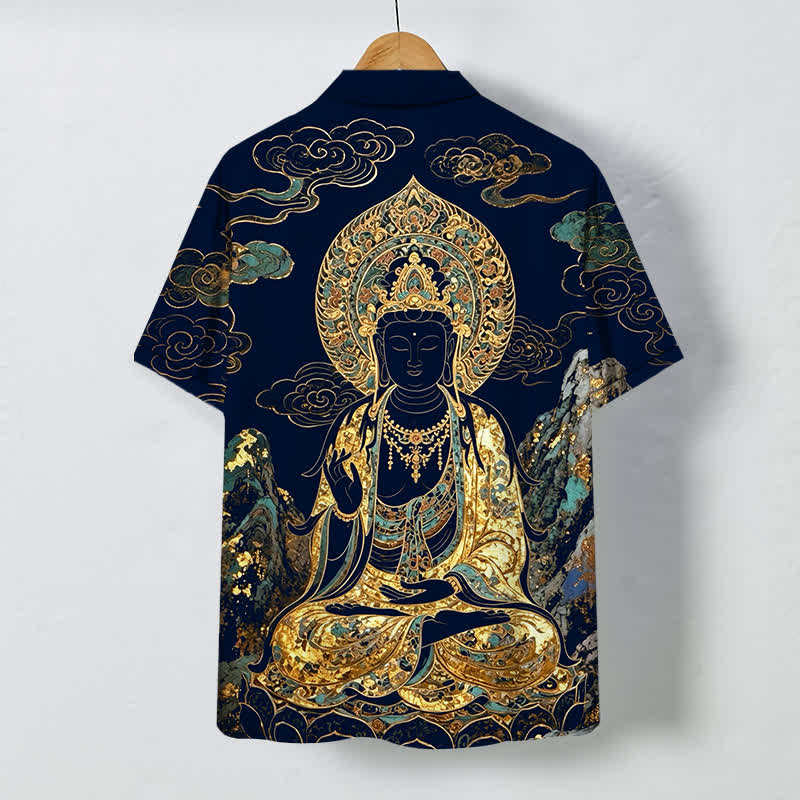 Buddha Stones Camisa de manga corta para hombre con botones y estampado de nubes y Buda dorado, resistente a las arrugas. - image 11