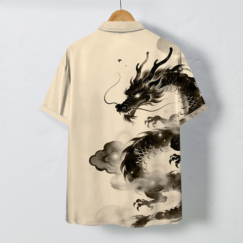 Buddha Stones Camisa de manga corta para hombre con botones y estampado de nube de dragón de tinta, resistente a las arrugas. - image 4
