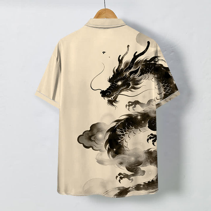 Buddha Stones Camisa de manga corta para hombre con botones y estampado de nube de dragón de tinta, resistente a las arrugas. - image 4