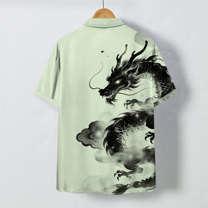 Buddha Stones Camisa de manga corta para hombre con botones y estampado de nube de dragón de tinta, resistente a las arrugas. - image 7