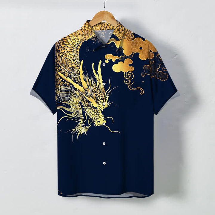Buddha Stones Camisa de manga corta para hombre con botones y estampado de nube de dragón dorado, resistente a las arrugas. - Marina de guerra - US/UK/AU48, UE58 (4XL) - image 0