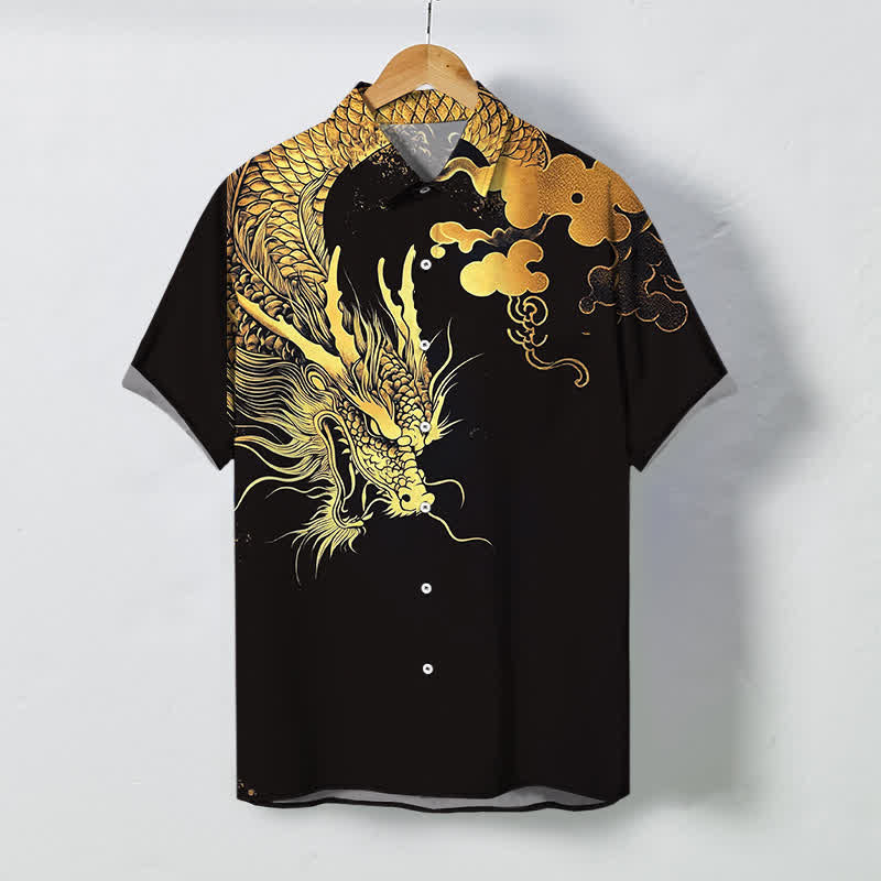 Buddha Stones Camisa de manga corta para hombre con botones y estampado de nube de dragón dorado, resistente a las arrugas. - Negro - US/UK/AU48, UE58 (4XL) - image 5