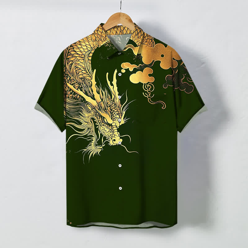 Buddha Stones Camisa de manga corta para hombre con botones y estampado de nube de dragón dorado, resistente a las arrugas. - Verde oscuro - US/UK/AU48, UE58 (4XL) - image 10