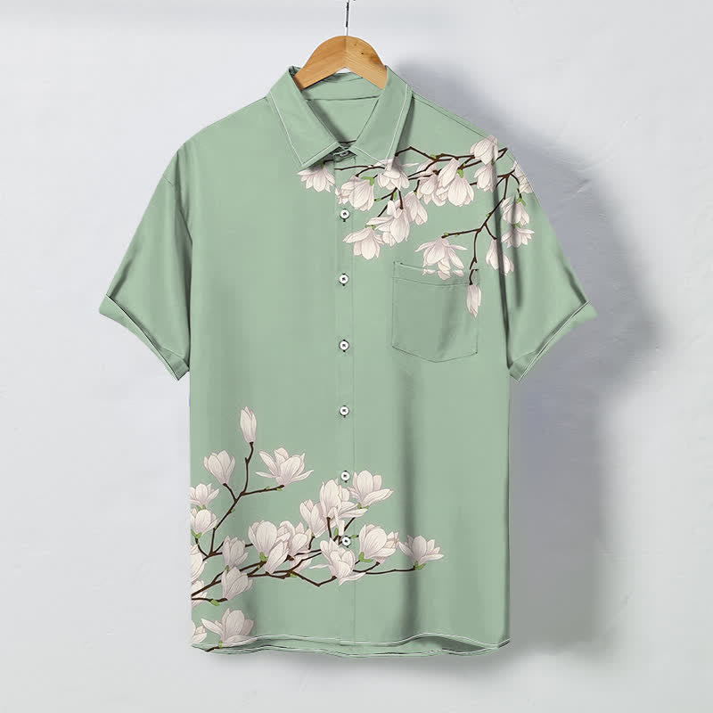 Buddha Stones Camisa de manga corta para hombre con botones y estampado floral de magnolia blanca, resistente a las arrugas. - Verde claro - US/UK/AU48, UE58 (4XL) - image 3