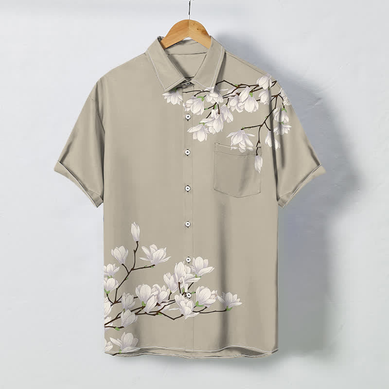 Buddha Stones Camisa de manga corta para hombre con botones y estampado floral de magnolia blanca, resistente a las arrugas. - BurlyWood - US/UK/AU48, UE58 (4XL) - image 6