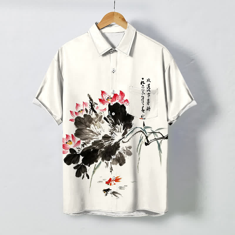 Buddha Stones Camisa transpirable de manga corta para hombre con botones y estampado de peces koi Ink Lotus - Marfil - US/UK/AU48, UE58 (4XL) - image 0