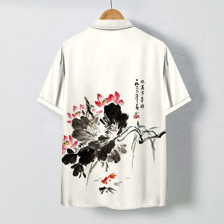 Buddha Stones Camisa transpirable de manga corta para hombre con botones y estampado de peces koi Ink Lotus - image 1