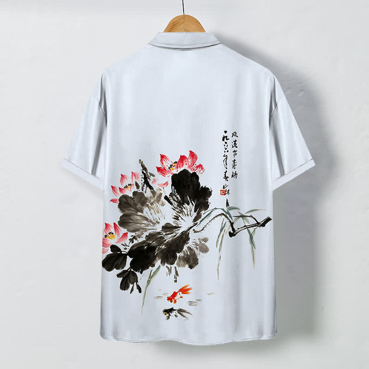 Buddha Stones Camisa transpirable de manga corta para hombre con botones y estampado de peces koi Ink Lotus - image 7