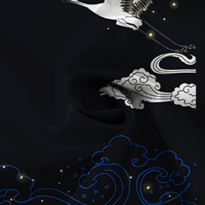 Buddha Stones Camisa de manga corta para hombre con botones y estampado de grullas voladoras y nubes, resistente a las arrugas. - image 4