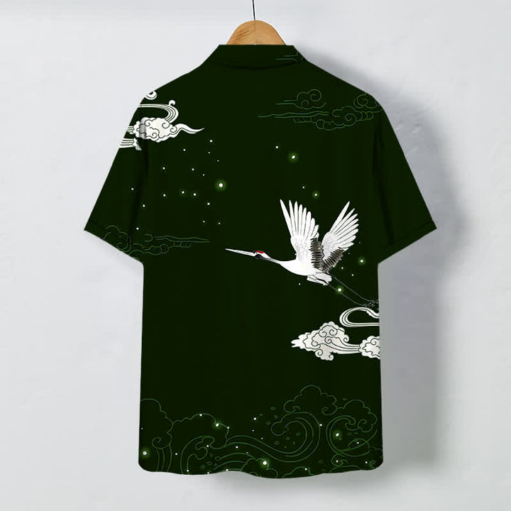 Buddha Stones Camisa de manga corta para hombre con botones y estampado de grullas voladoras y nubes, resistente a las arrugas. - image 6