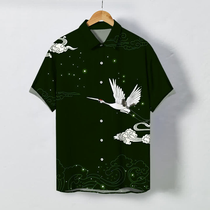 Buddha Stones Camisa de manga corta para hombre con botones y estampado de grullas voladoras y nubes, resistente a las arrugas. - Verde oscuro - US/UK/AU48, UE58 (4XL) - image 5