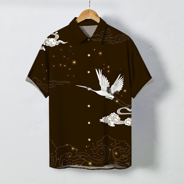 Buddha Stones Camisa de manga corta para hombre con botones y estampado de grullas voladoras y nubes, resistente a las arrugas. - Marrón silla de montar - US/UK/AU48, UE58 (4XL) - image 10