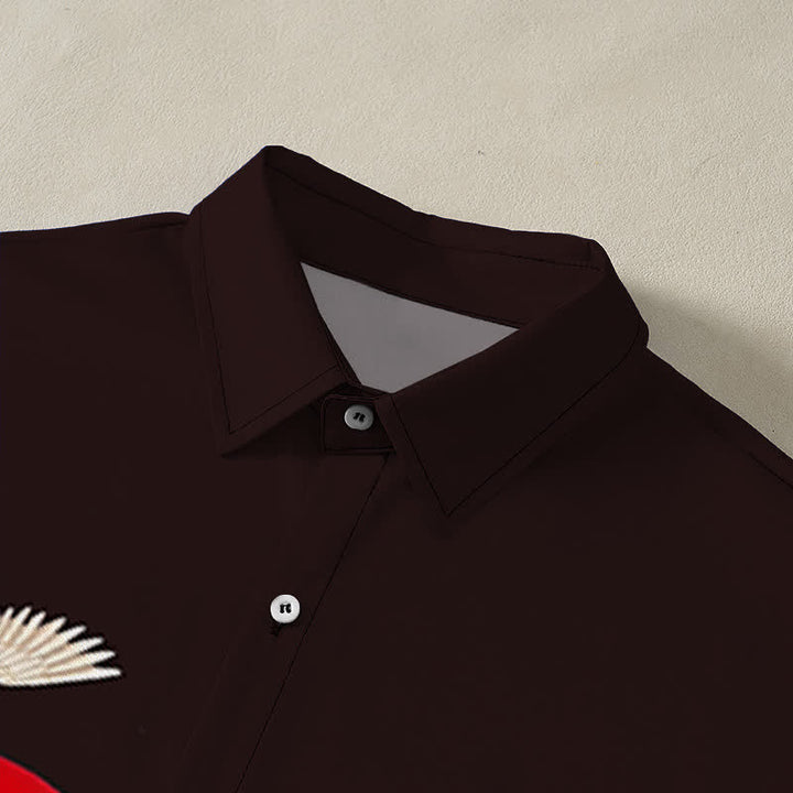 Buddha Stones Camisa de manga corta para hombre con botones y estampado de pino y grulla roja, resistente a las arrugas. - image 12