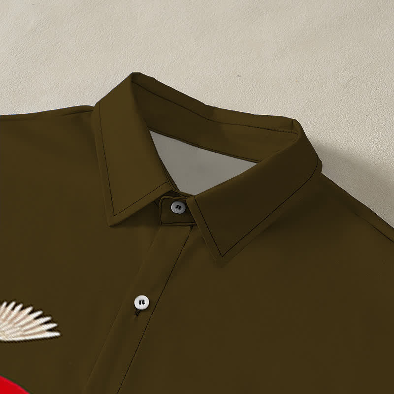 Buddha Stones Camisa de manga corta para hombre con botones y estampado de pino y grulla roja, resistente a las arrugas. - image 7