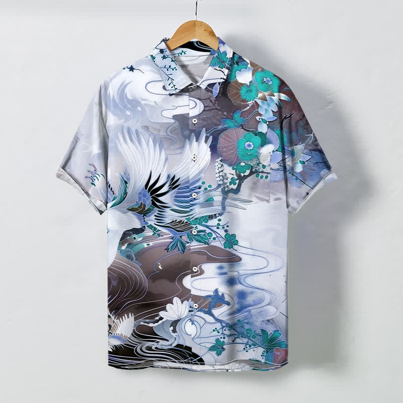 Buddha Stones Camisa transpirable de manga corta para hombre con botones y estampado floral de olas de grulla - Azul claro - US/UK/AU48, UE58 (4XL) - image 3