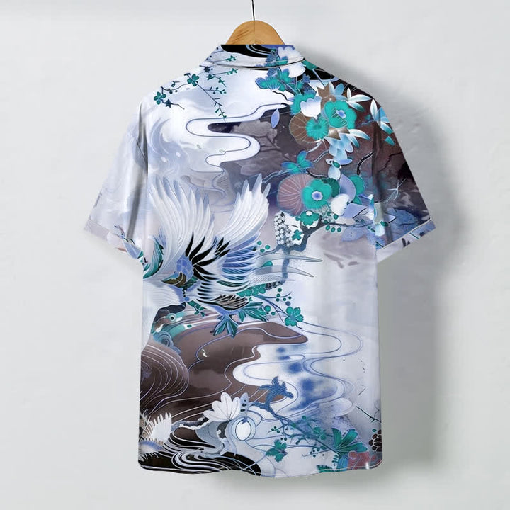 Buddha Stones Camisa transpirable de manga corta para hombre con botones y estampado floral de olas de grulla - image 4