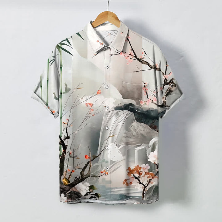 Buddha Stones Camisa de manga corta para hombre con botones y estampado de paisaje de tinta, grullas y flores, resistente a las arrugas. - Humo blanco - US/UK/AU48, UE58 (4XL) - image 0