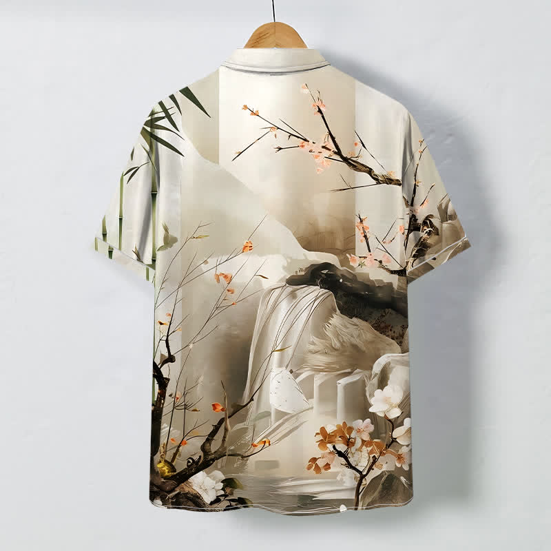 Buddha Stones Camisa de manga corta para hombre con botones y estampado de paisaje de tinta, grullas y flores, resistente a las arrugas. - image 4