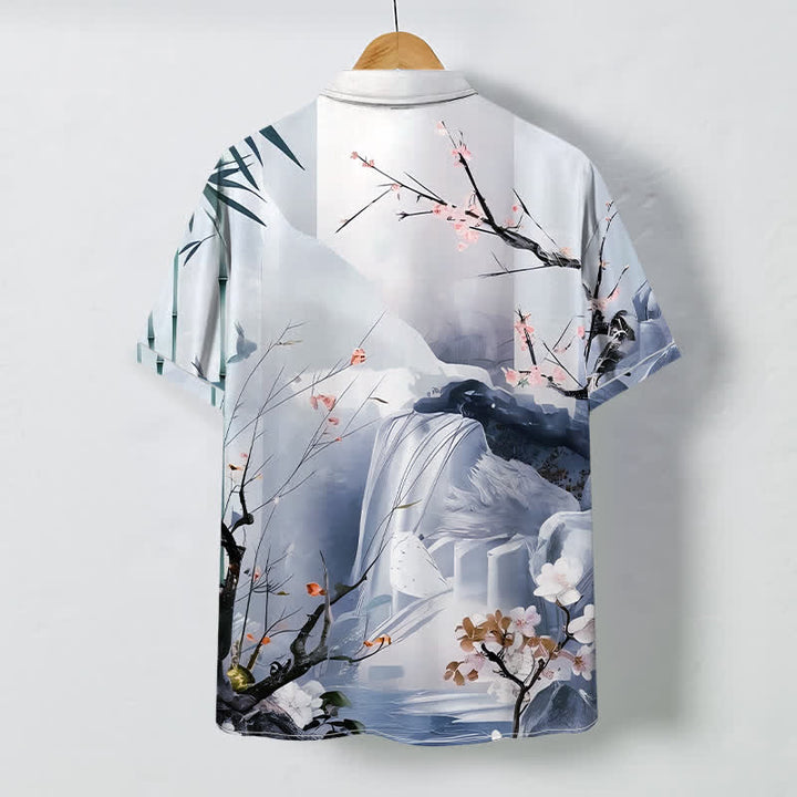 Buddha Stones Camisa de manga corta para hombre con botones y estampado de paisaje de tinta, grullas y flores, resistente a las arrugas. - image 7