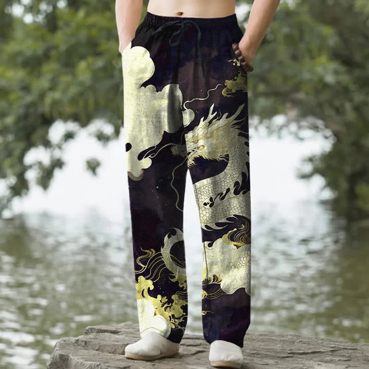 Buddha Stones Pantalones de hombre de algodón con estampado de nubes y dragones, corte ajustado y bolsillos. - Negro - US/UK/AU50, EU60 (5XL) - image 6