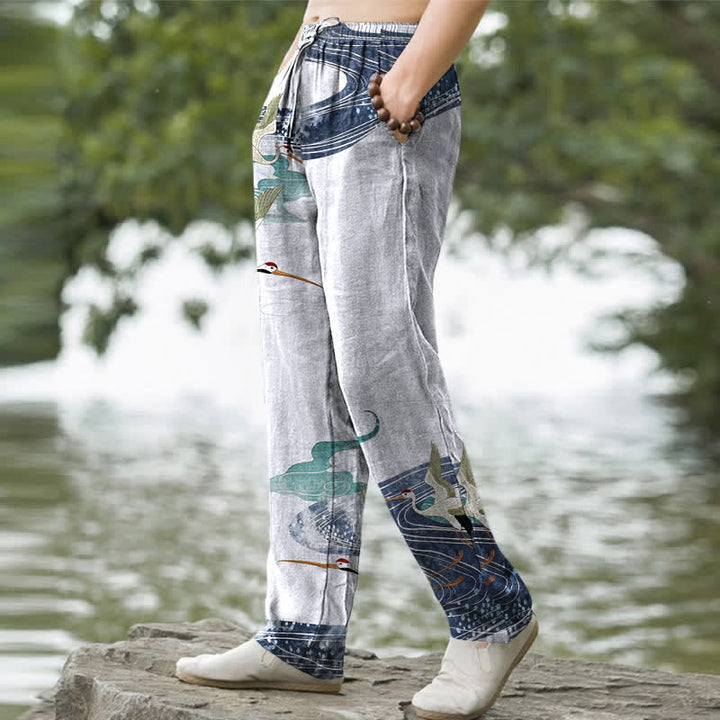 Buddha Stones Pantalones de hombre de algodón blanco con estampado de grullas y olas, corte cónico y bolsillos. - Crema de menta - US/UK/AU50, EU60 (5XL) - image 5